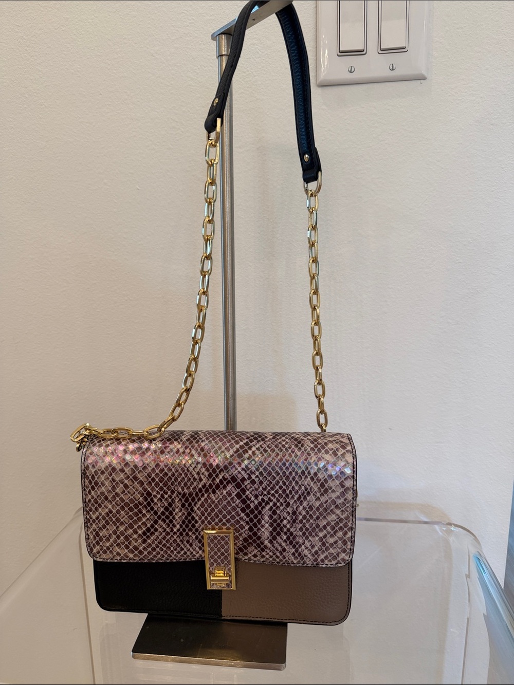 G.I.L.I. Iridescent Snake-Print, Black & Taupe Leather Chain Shoulder Bag